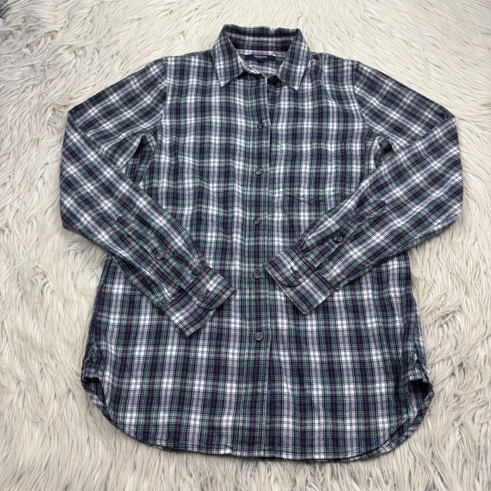 Madewell Women's XS Plaid Button Front‎ Flannel Shirt Navy White Green Cabincore